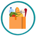 Hunger Relief Badge Illustration of a grocery bag with food items inside, surrounded by a teal circle on a white background.