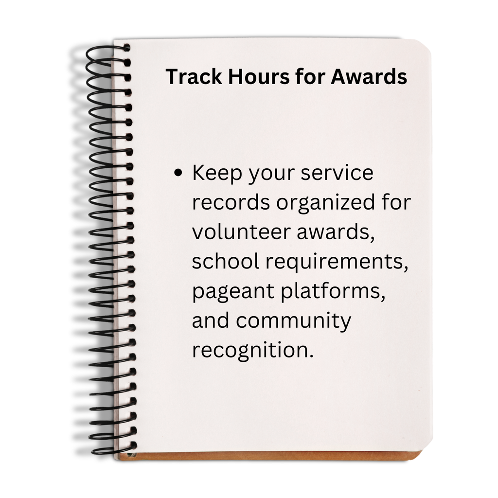 Volunteer tracking app helps organize service hours for awards, school requirements, pageant platforms, and community recognition.