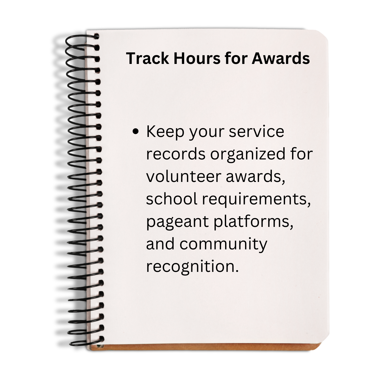Volunteer tracking app helps organize service hours for awards, school requirements, pageant platforms, and community recognition.