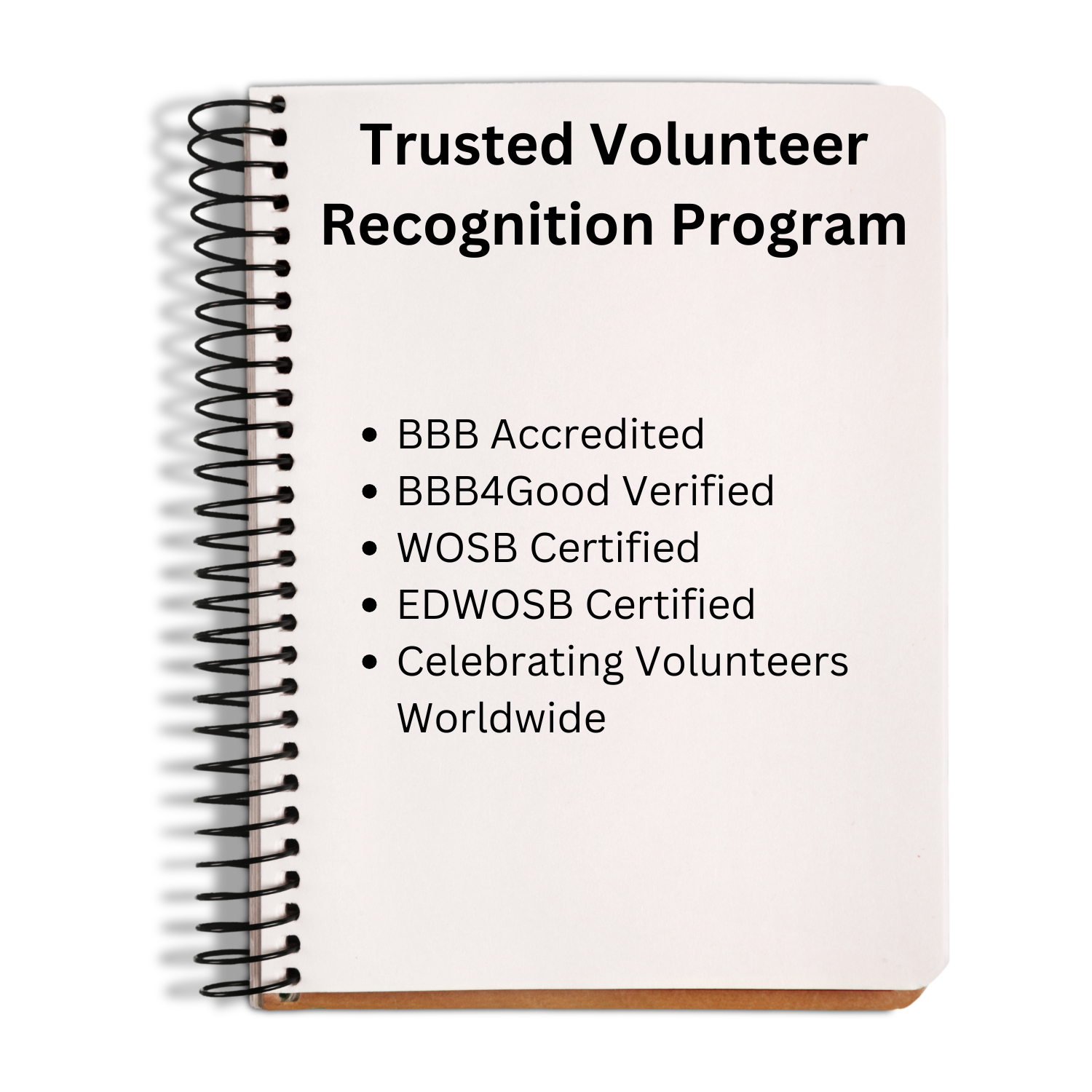 Global Volunteer Recognition Program trust credentials including BBB Accredited, BBB4Good Verified, WOSB Certified, and EDWOSB Certified.