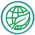Environmental Steward Badge Green globe and leaf symbol on a white background with teal border