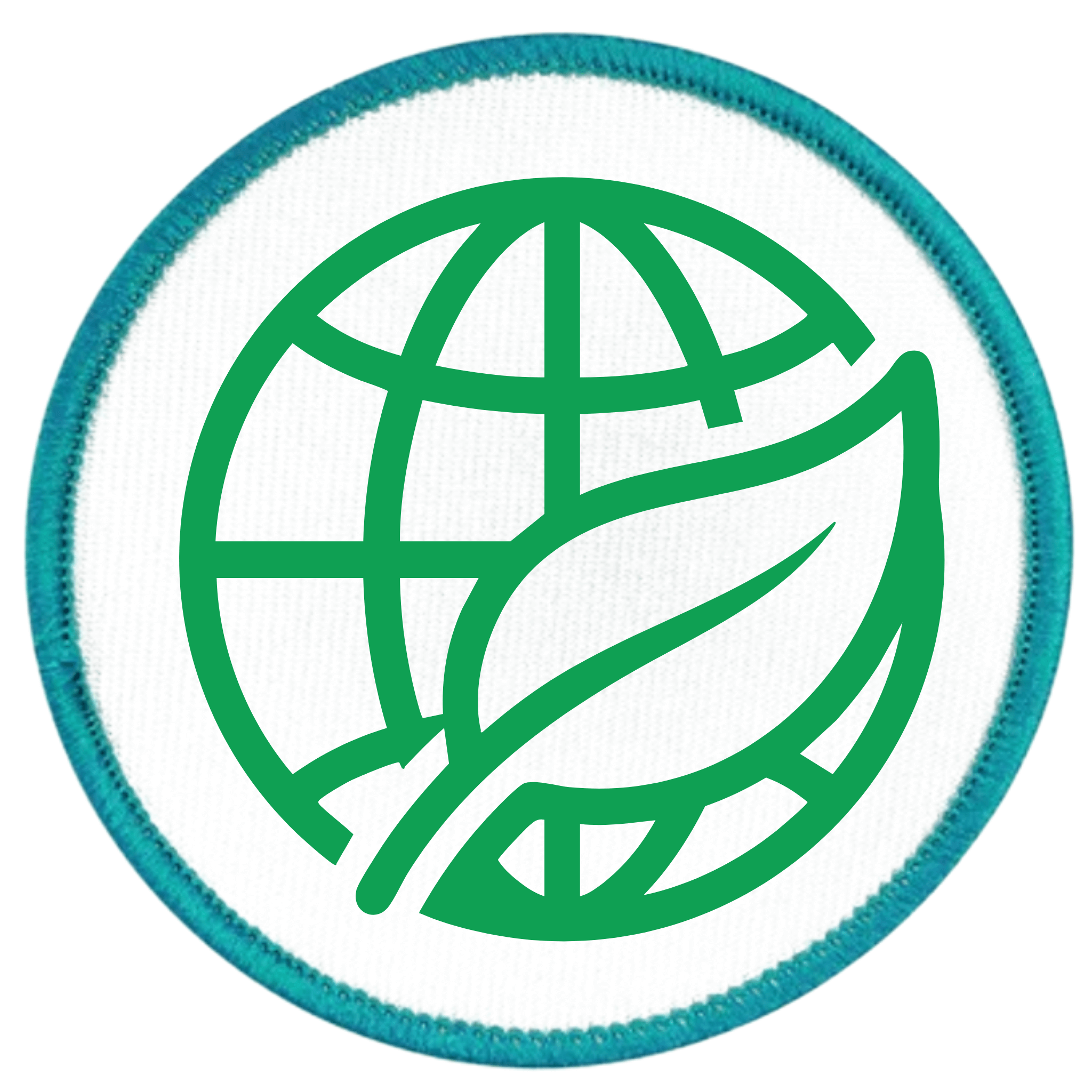 Environmental Steward Badge Green globe and leaf symbol on a white background with teal border