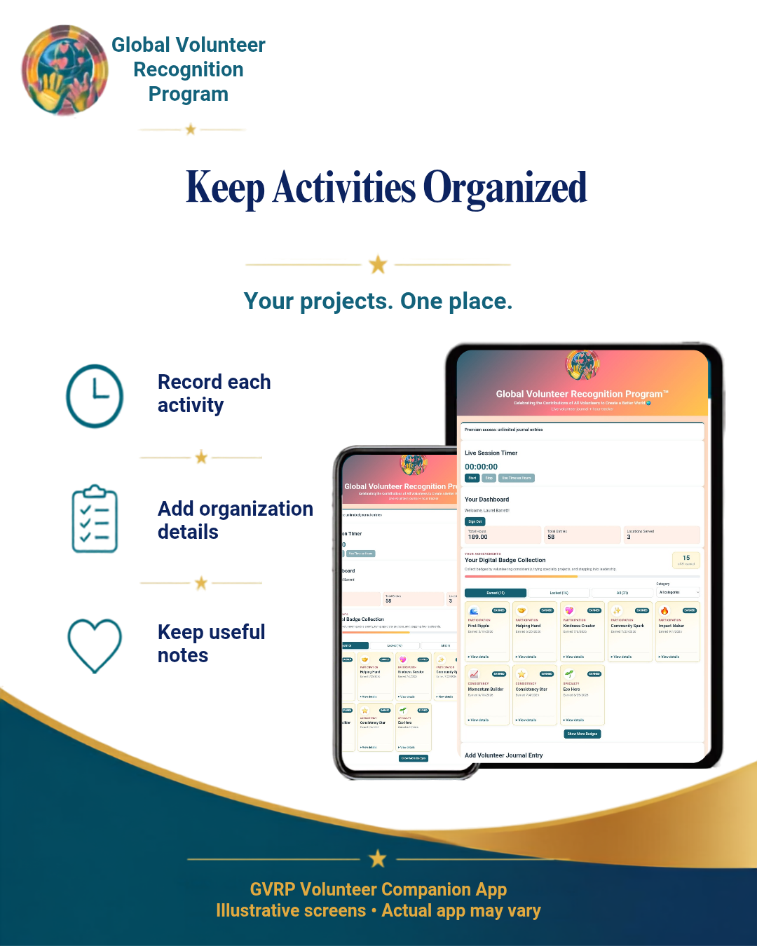 Promotional graphic for the Global Volunteer Recognition Program app, showing the app interface on two tablet screens with feature icons and text including 'Keep Activities Organized,' 'Record each activity,' 'Add organization details,' and 'Keep useful notes.'.