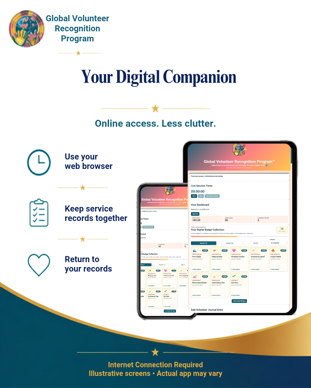 Promotional graphic for the Global Volunteer Recognition Program digital companion, showing two tablet mockups with app screens on a white background with teal and gold design elements and text describing features like web browser access and service records.