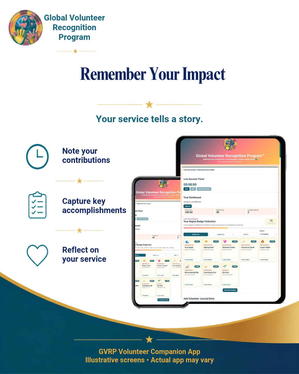 Promotional graphic for the Global Volunteer Recognition Program app, showing two tablet mockups with app screens and text callouts: 'Remember Your Impact,' 'Note your contributions,' 'Capture key accomplishments,' and 'Reflect on your service.'.