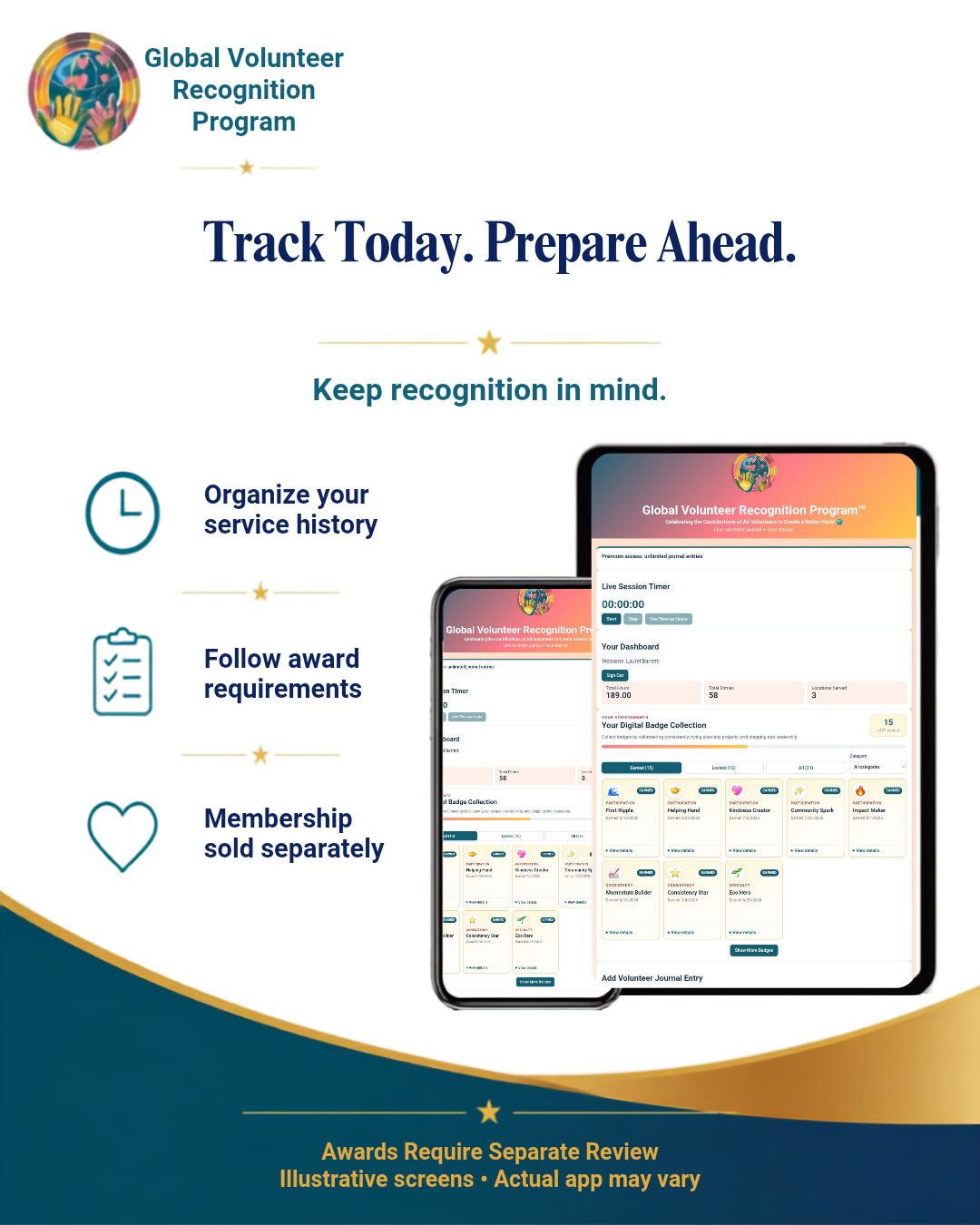 Promotional graphic for the Global Volunteer Recognition Program, showing text callouts and screenshots of the app displayed on a tablet and phone. The design uses a white background with teal and gold accents.