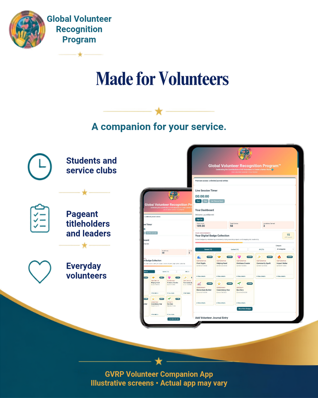 Promotional graphic for the Global Volunteer Recognition Program companion app, showing two tablet mockups with app screens and text highlighting benefits for students, service clubs, pageant titleholders, leaders, and everyday volunteers.