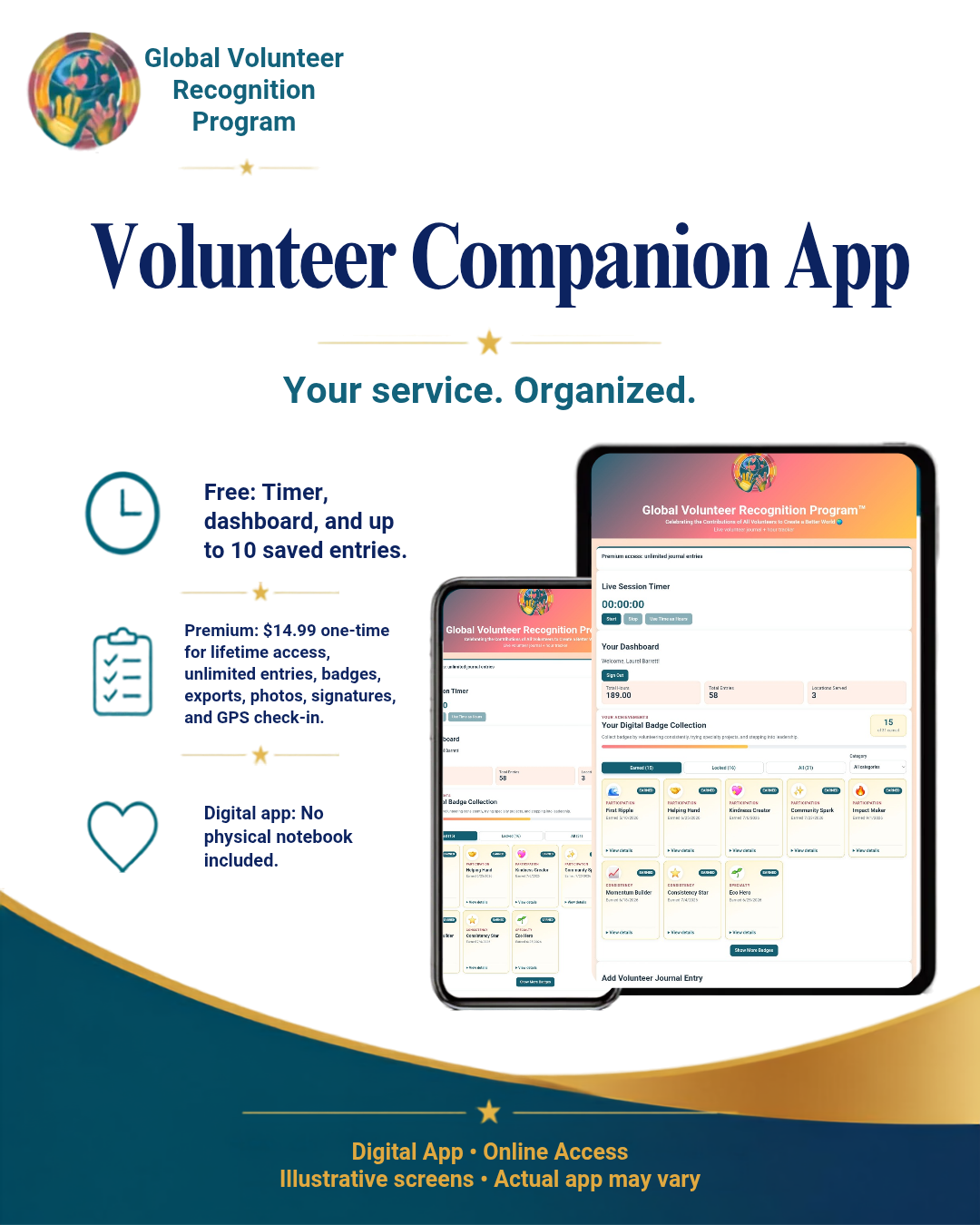 Promotional graphic for the Global Volunteer Recognition Program Volunteer Companion App, showing feature callouts and two device mockups displaying the app interface on a white background with blue and gold design elements.