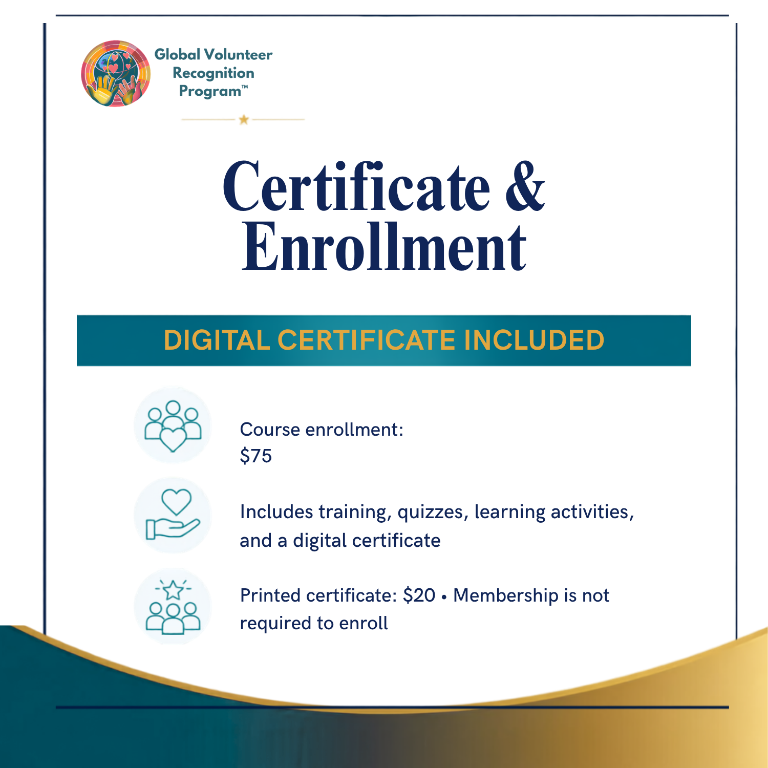 Digital enrollment certificate graphic for the Global Volunteer Recognition Program, featuring course enrollment details and pricing on a white background with teal and gold accents.