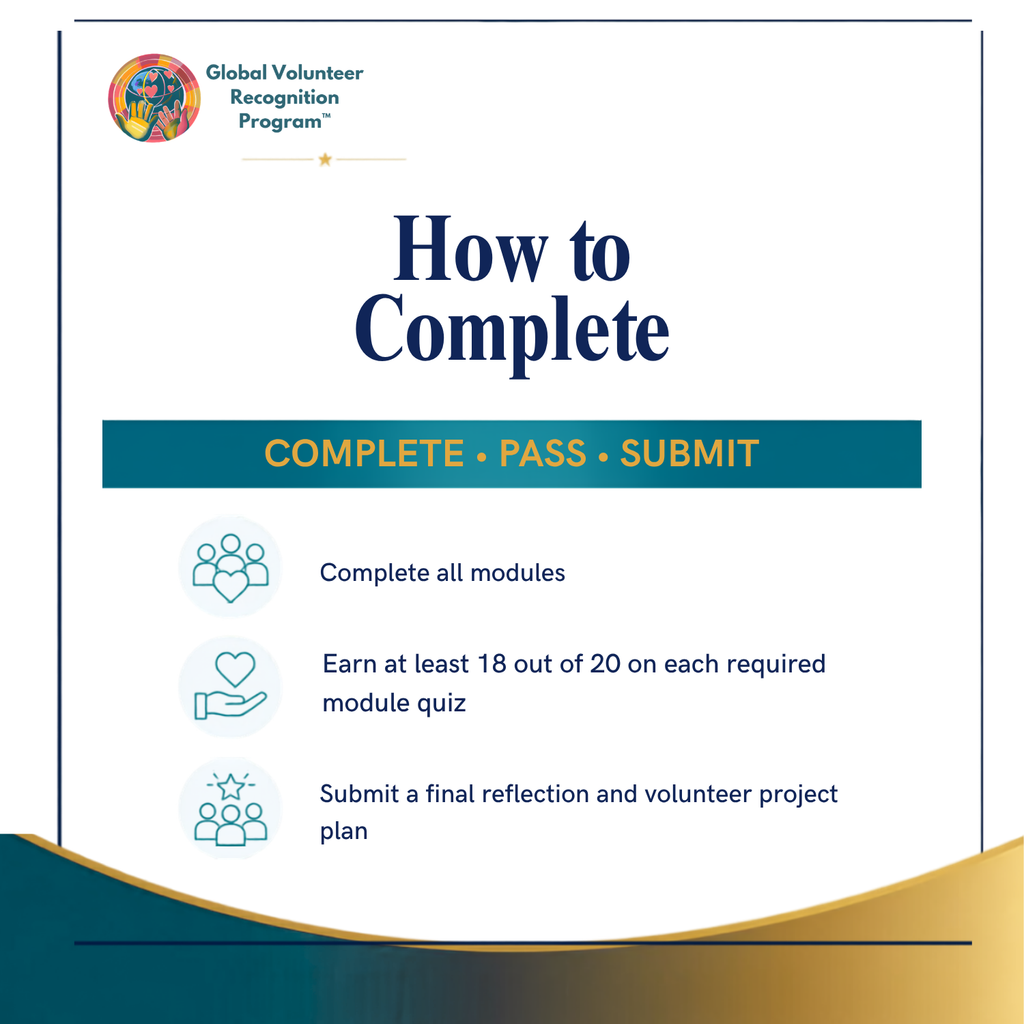 A digital informational graphic titled 'How to Complete' for the Global Volunteer Recognition Program. It outlines steps to finish modules, earn quiz passes, and submit a reflection and volunteer project plan, with icons and a teal banner reading 'COMPLETE • PASS • SUBMIT'.