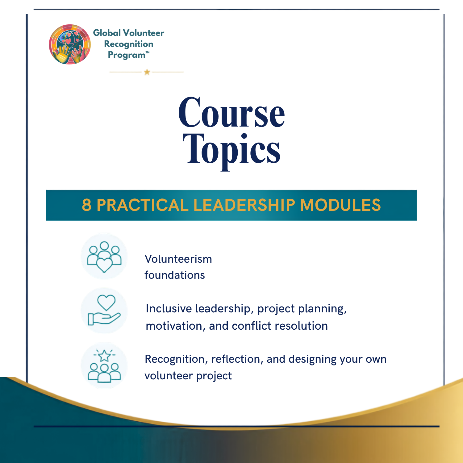 A digital course topics slide for the Global Volunteer Recognition Program, titled 'Course Topics' with '8 Practical Leadership Modules' in a teal banner. The slide lists three learning modules with icons: Volunteerism foundations, Inclusive leadership, project planning, motivation, and conflict resolution; Recognition, reflection, and designing your own volunteer project.