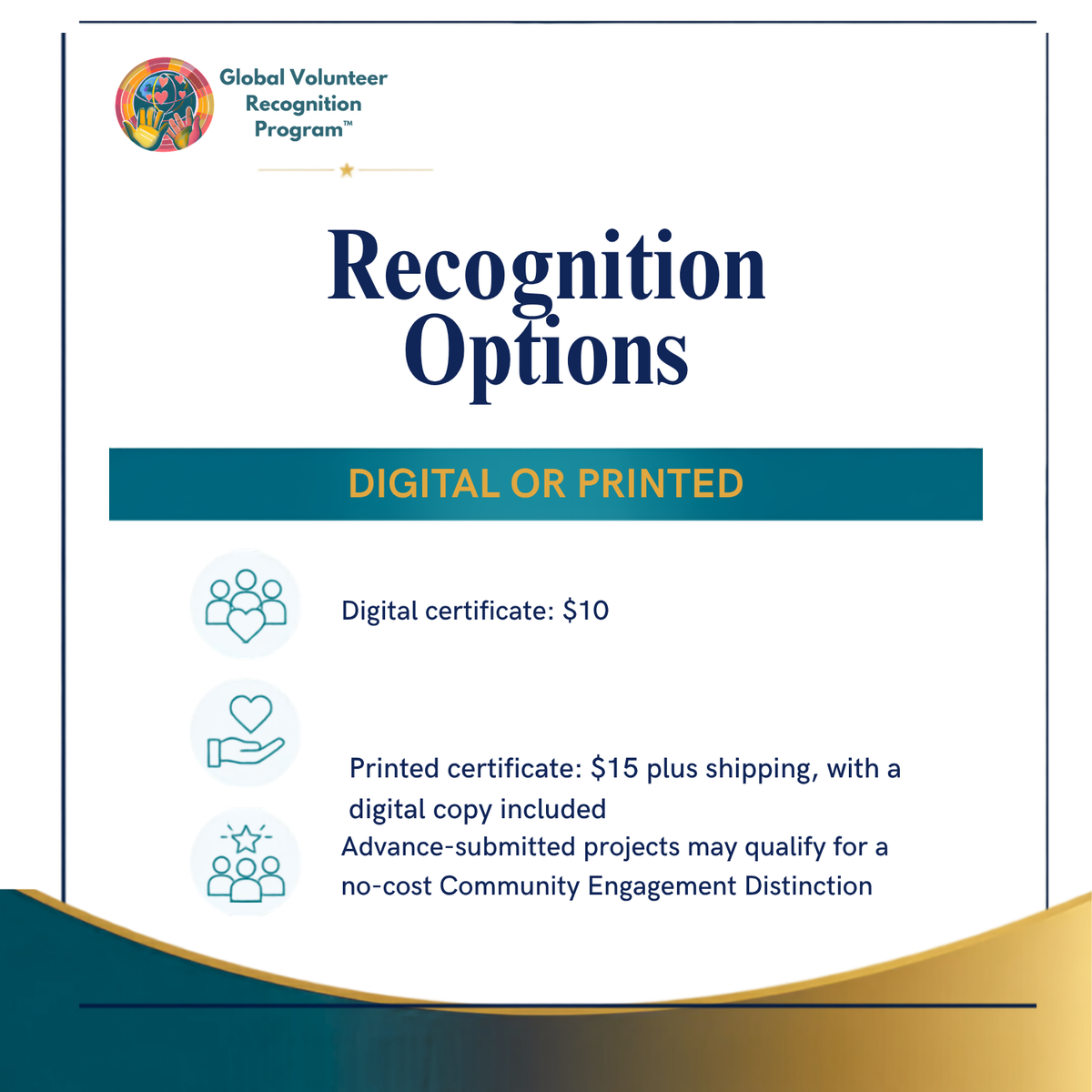 A digital informational graphic titled 'Recognition Options' from the Global Volunteer Recognition Program, showing pricing and format options for a certificate: a digital certificate for $10 and a printed certificate for $15 plus shipping.