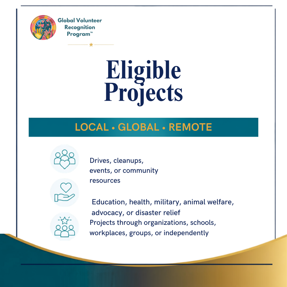 Promotional graphic for the Global Volunteer Recognition Program titled 'Eligible Projects,' with text reading 'LOCAL • GLOBAL • REMOTE' and bullet points about drives, cleanups, events, community resources, education, health, military, animal welfare, advocacy, or disaster relief. The design uses navy and teal on a white background with a gold wave at the bottom.