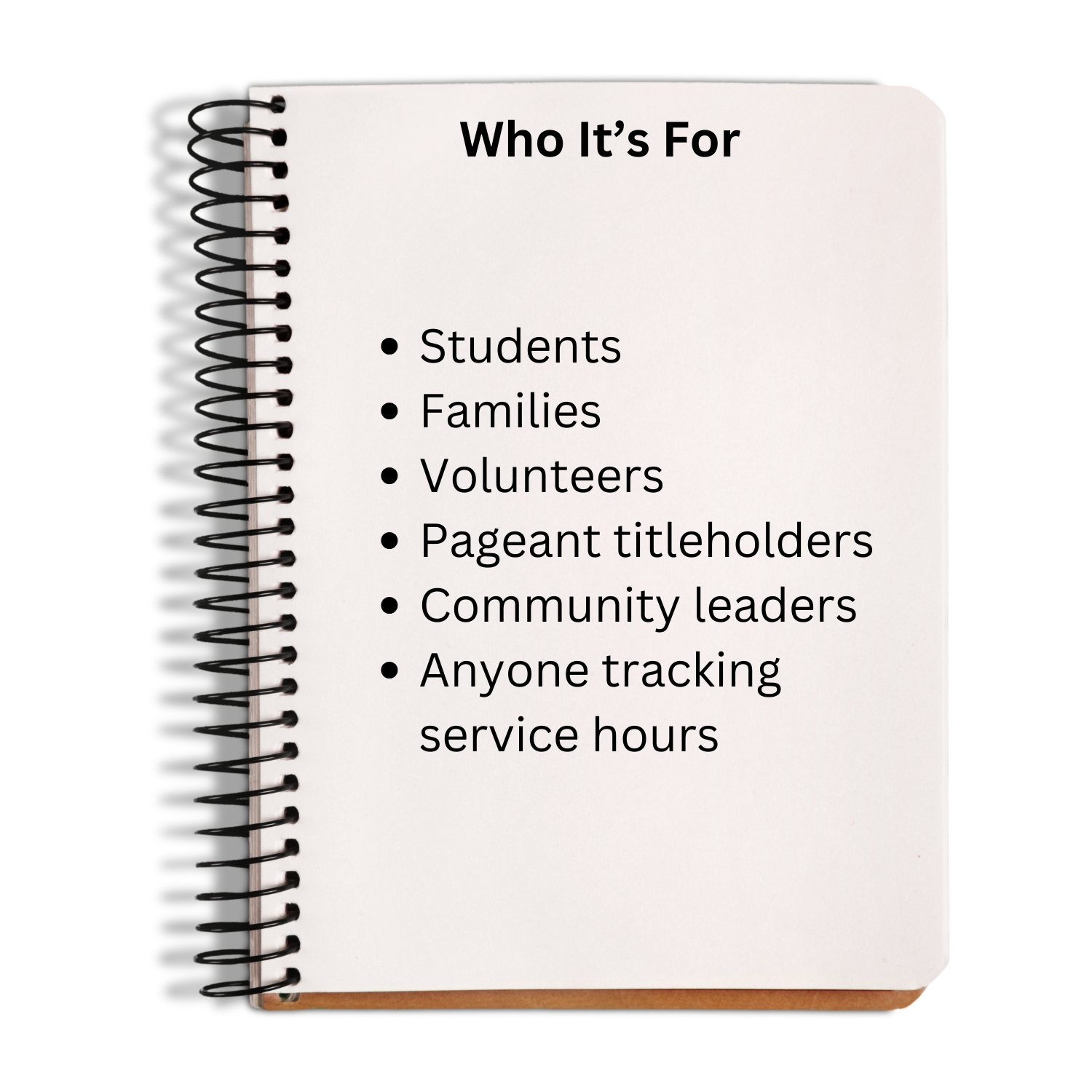 Volunteer tracking app for students, families, volunteers, pageant titleholders, community leaders, and service award participants.