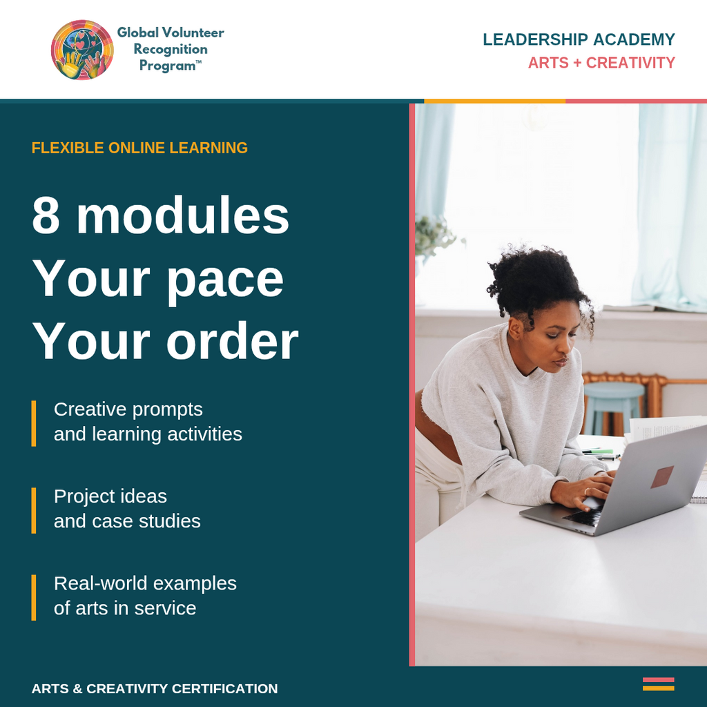 Promotional graphic for Global Volunteer Recognition Program Leadership Academy Flexible Online Learning, featuring a dark teal left panel with white and yellow text and a photo of a woman working on a laptop on the right.