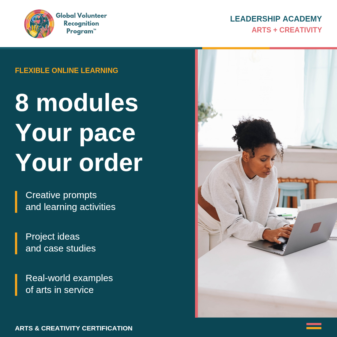Promotional graphic for Global Volunteer Recognition Program Leadership Academy Flexible Online Learning, featuring a dark teal left panel with white and yellow text and a photo of a woman working on a laptop on the right.