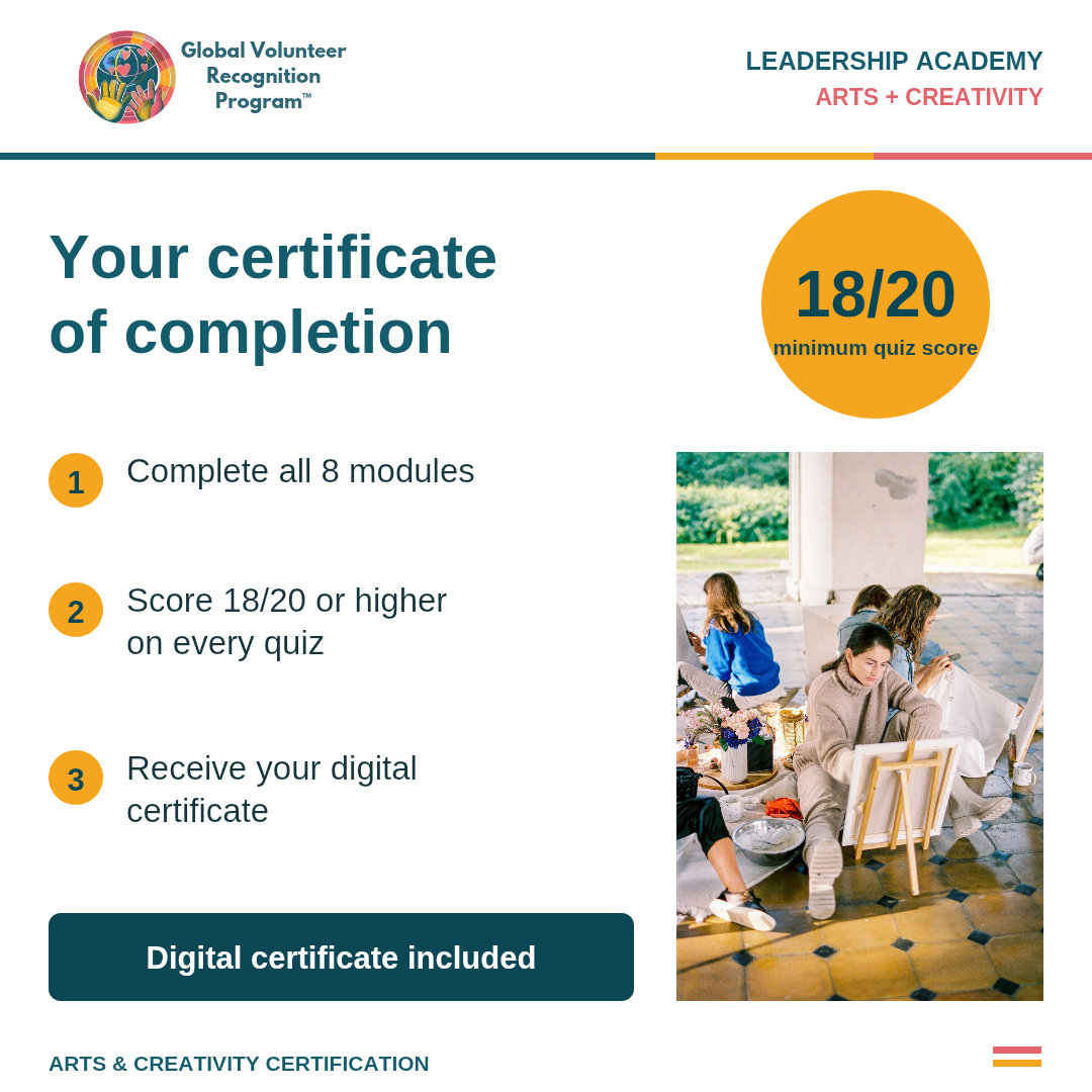 A digital graphic for a Global Volunteer Recognition Program Leadership Academy digital certificate of completion. The graphic outlines steps to complete all 8 modules and score 18/20 on every quiz to receive the certificate, with a photo of volunteers painting on an easel.