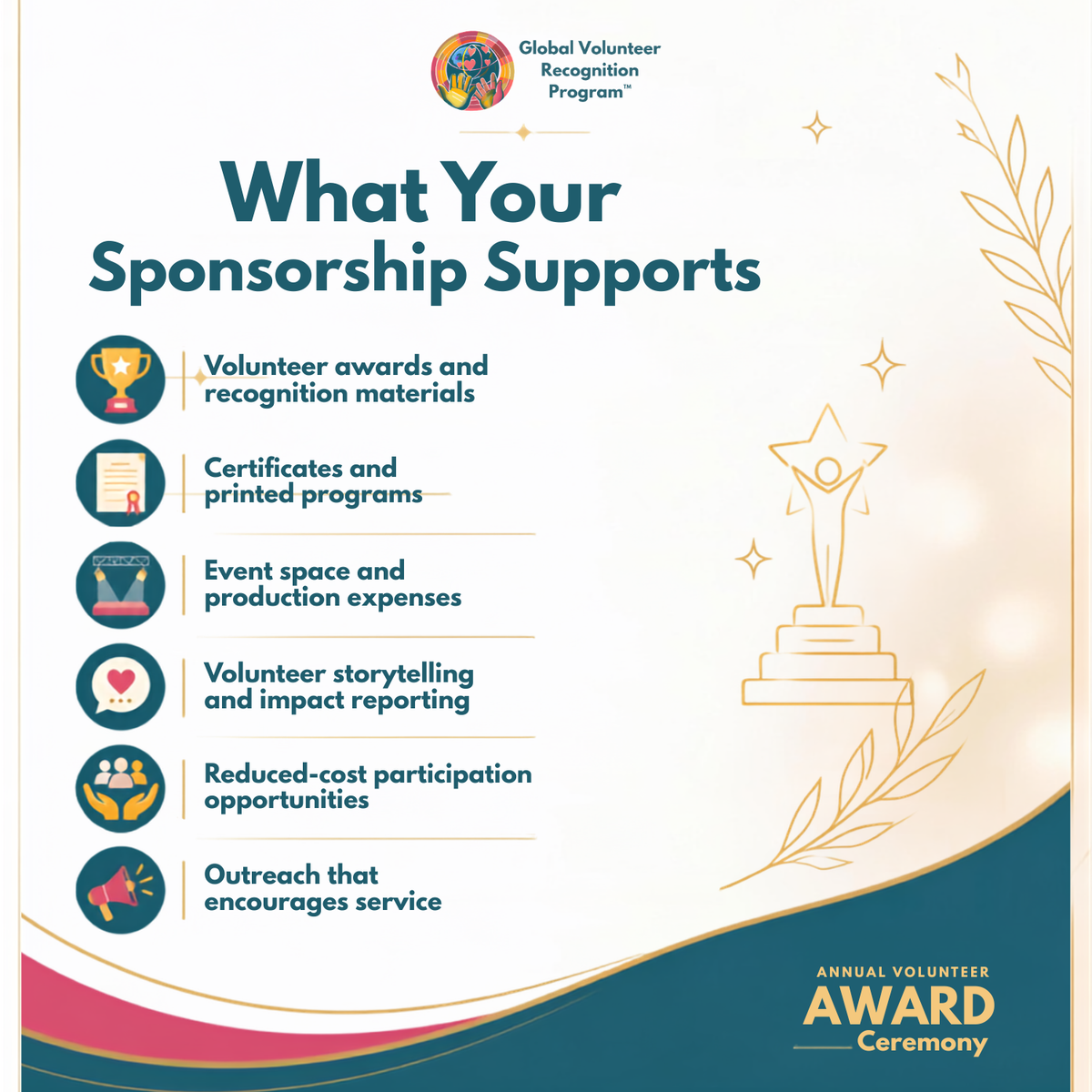 Global Volunteer Awards ceremony sponsorship supports volunteer awards, certificates, event expenses, storytelling, impact reporting, and outreach.