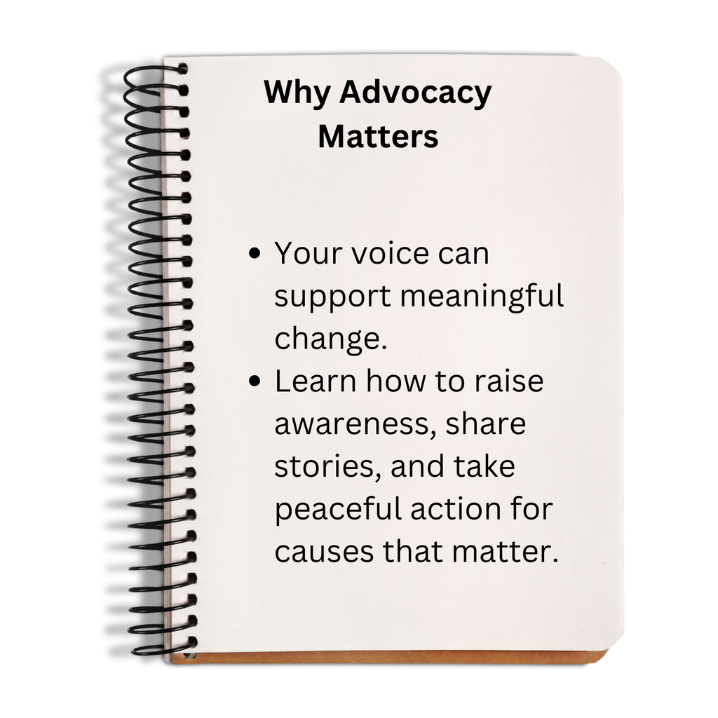 Notebook with text on advocacy and its importance on a white background