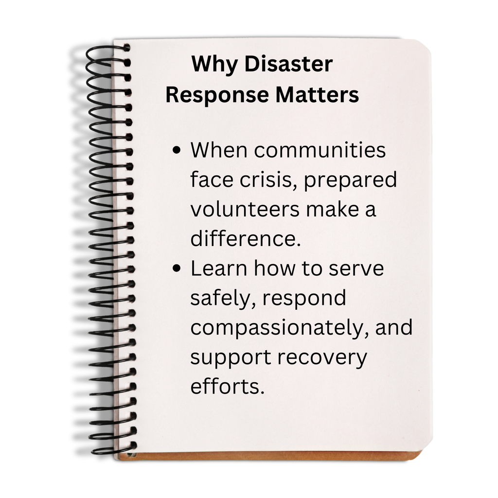Notebook with text about disaster response and prepared volunteers on a white background