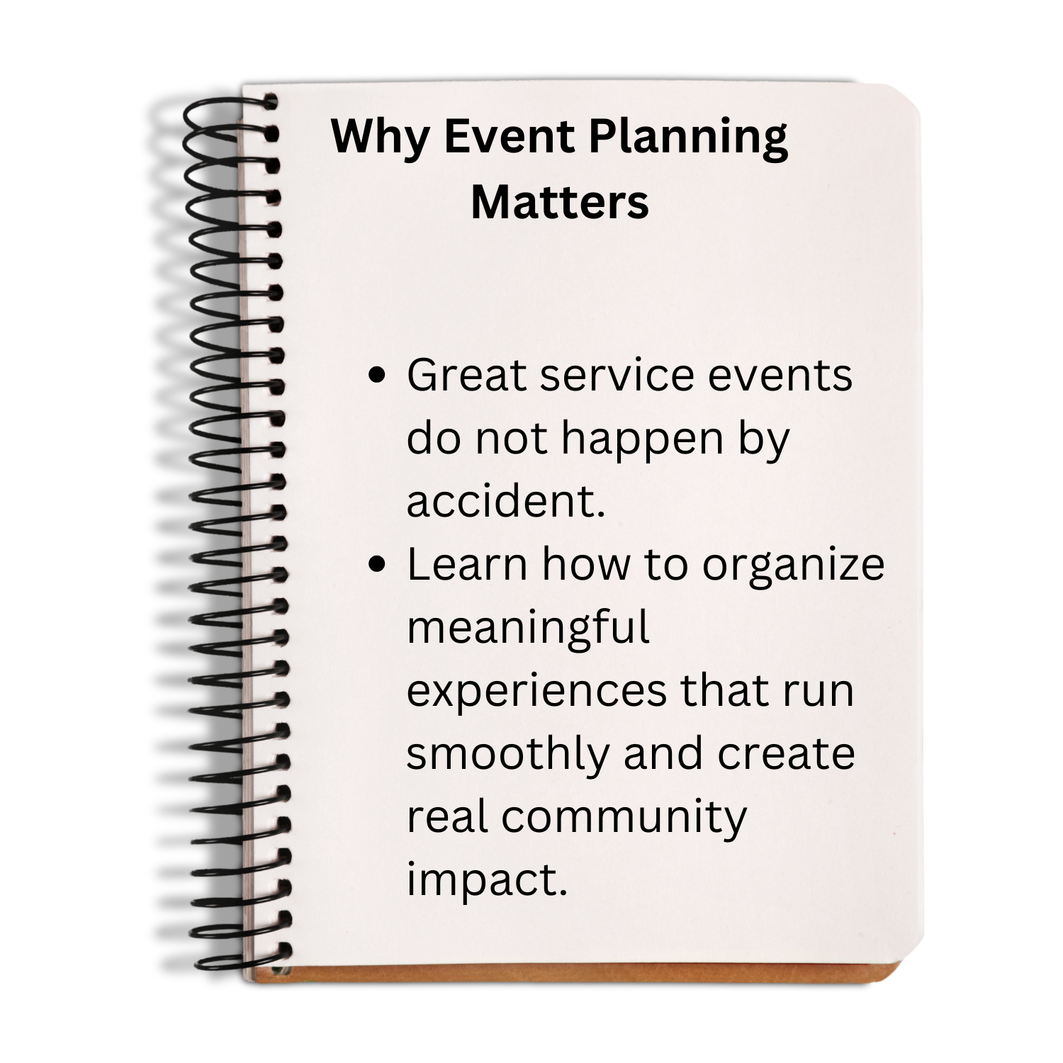 Notebook with text on event planning and community impact on a white background