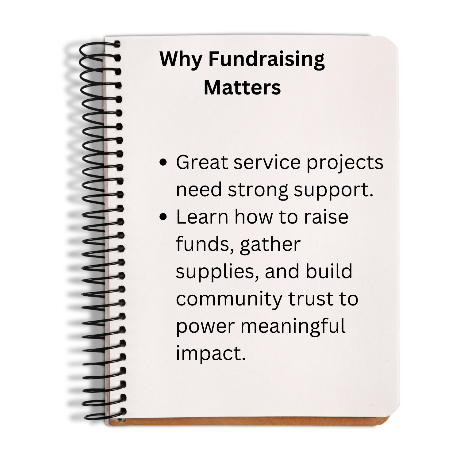 Notebook with text on fundraising importance on a white background