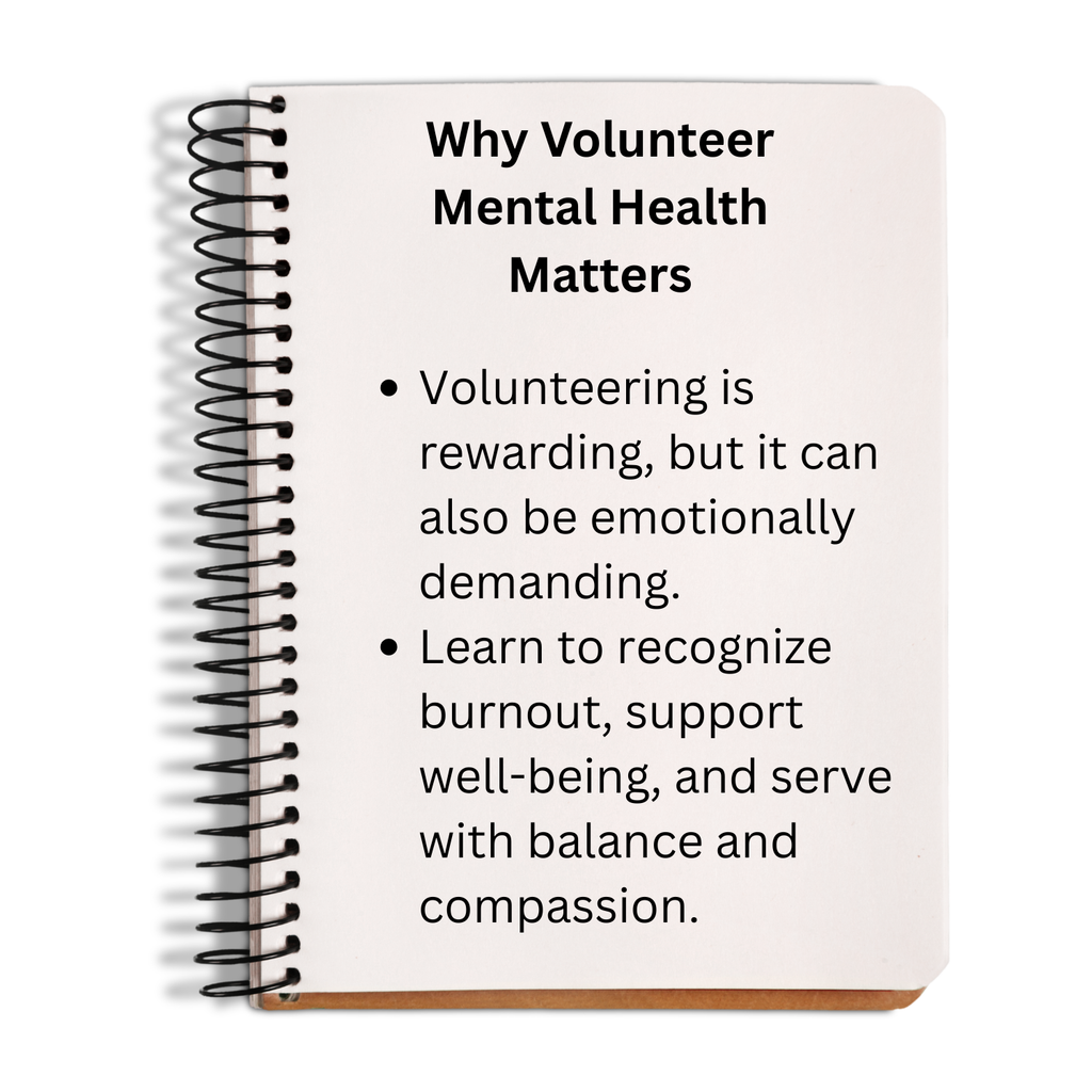 Notebook with text on volunteer mental health on a white background