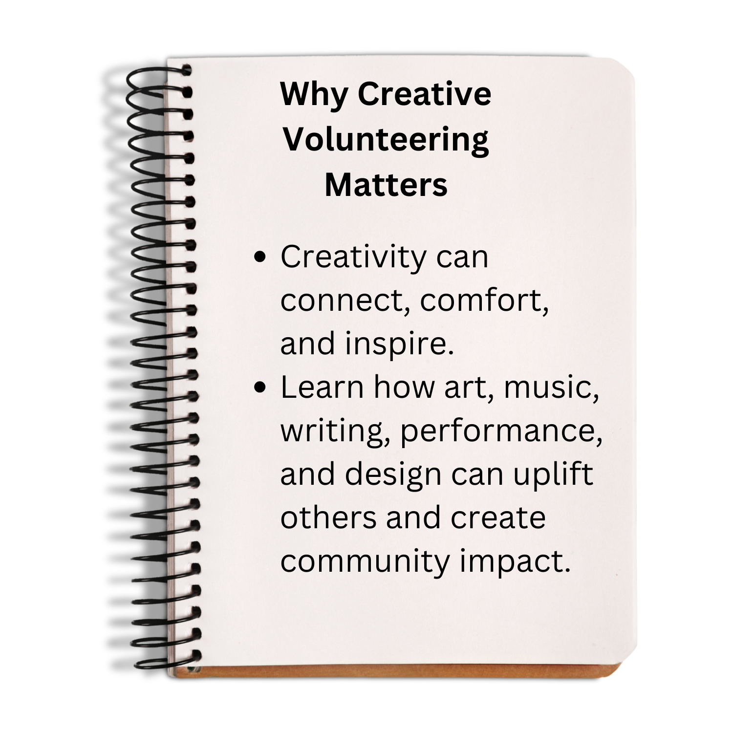 Notebook with text about the importance of creative volunteering on a white background
