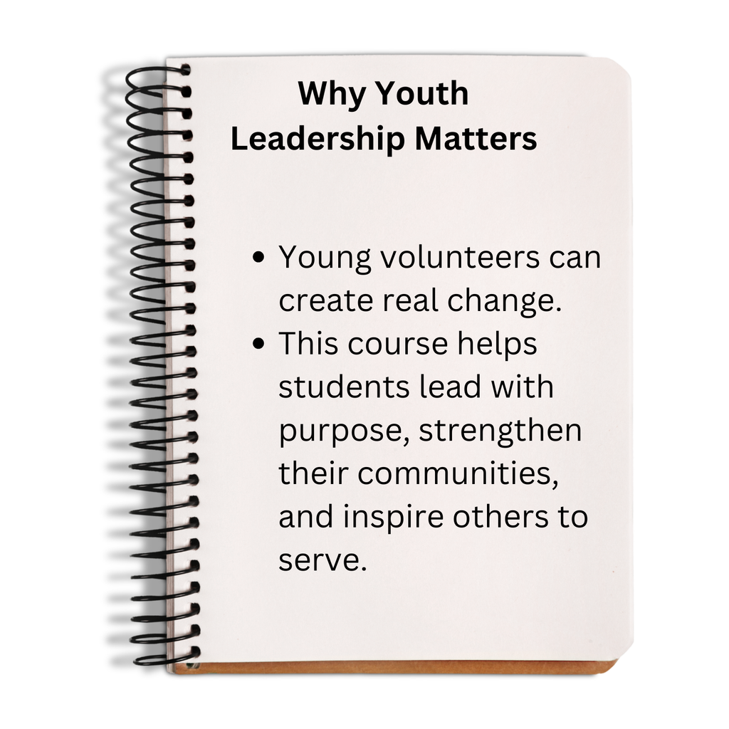 Notebook with text about youth leadership on a white background