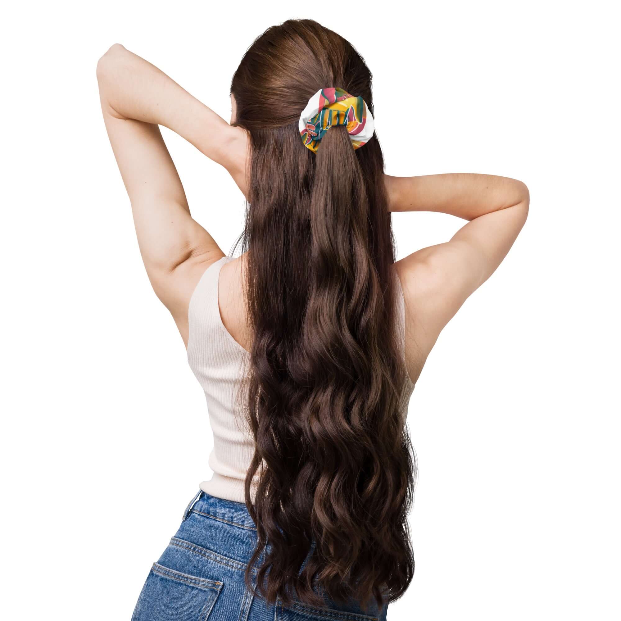 Eco-friendly recycled scrunchie with trendy design and features highlighted, including stretchy and breathable fabric.