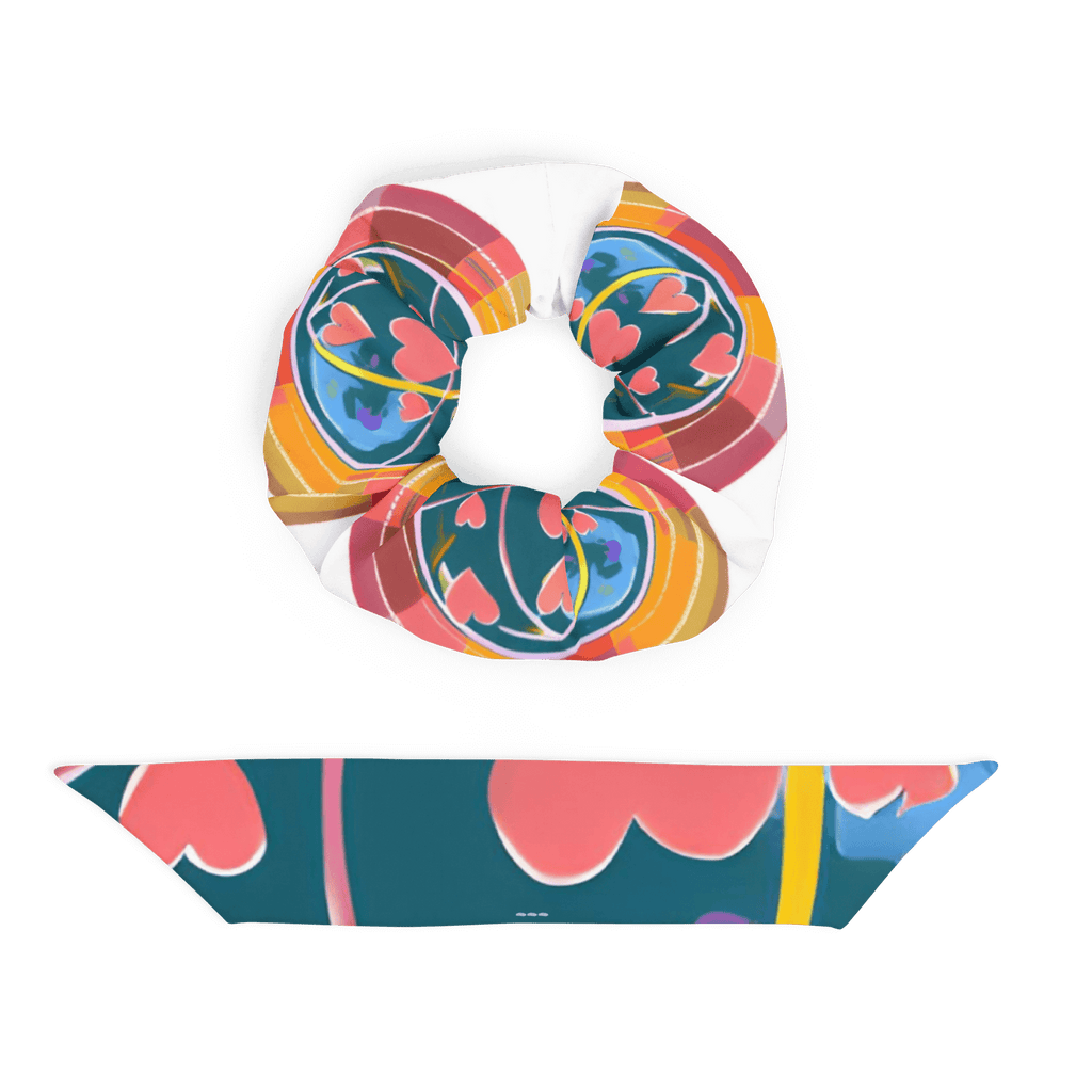 Eco-friendly recycled scrunchie with trendy design and features highlighted, including stretchy and breathable fabric.