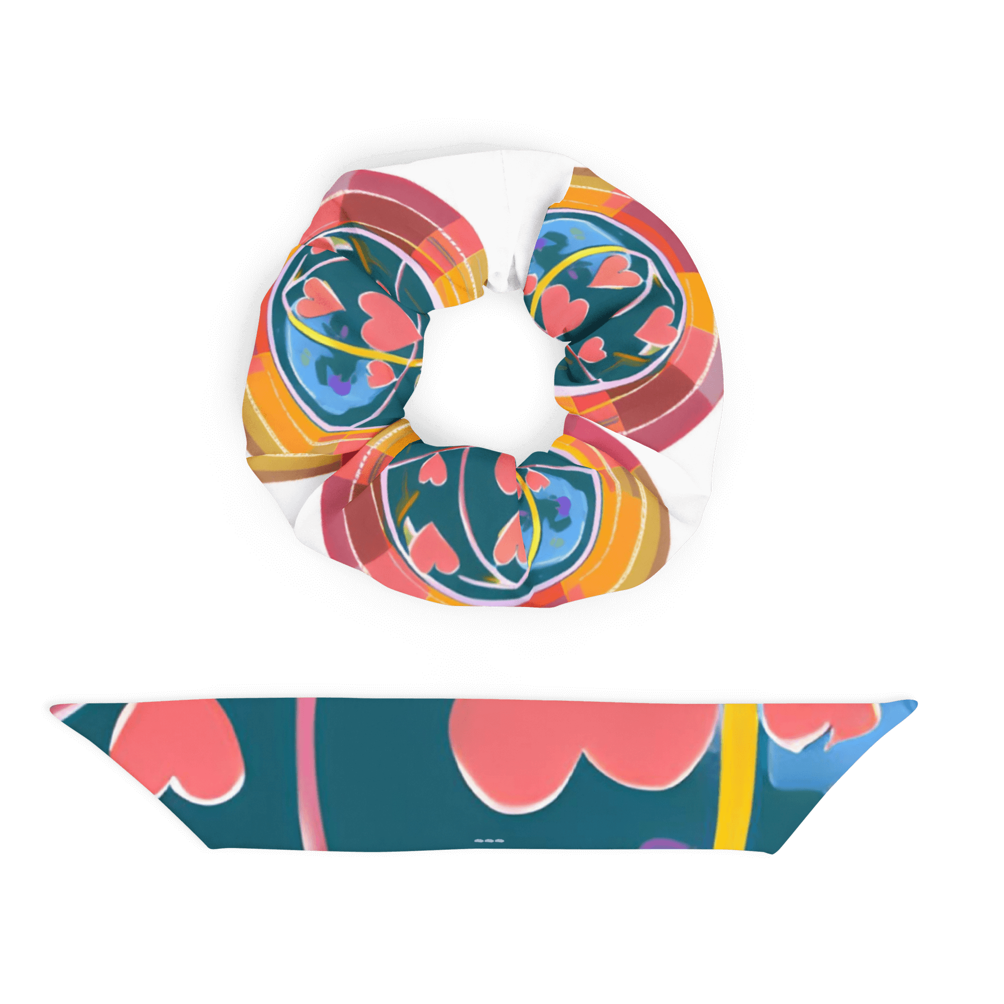 Eco-friendly recycled scrunchie with trendy design and features highlighted, including stretchy and breathable fabric.