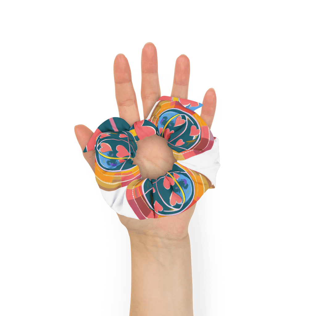 Eco-friendly recycled scrunchie with trendy design and features highlighted, including stretchy and breathable fabric.