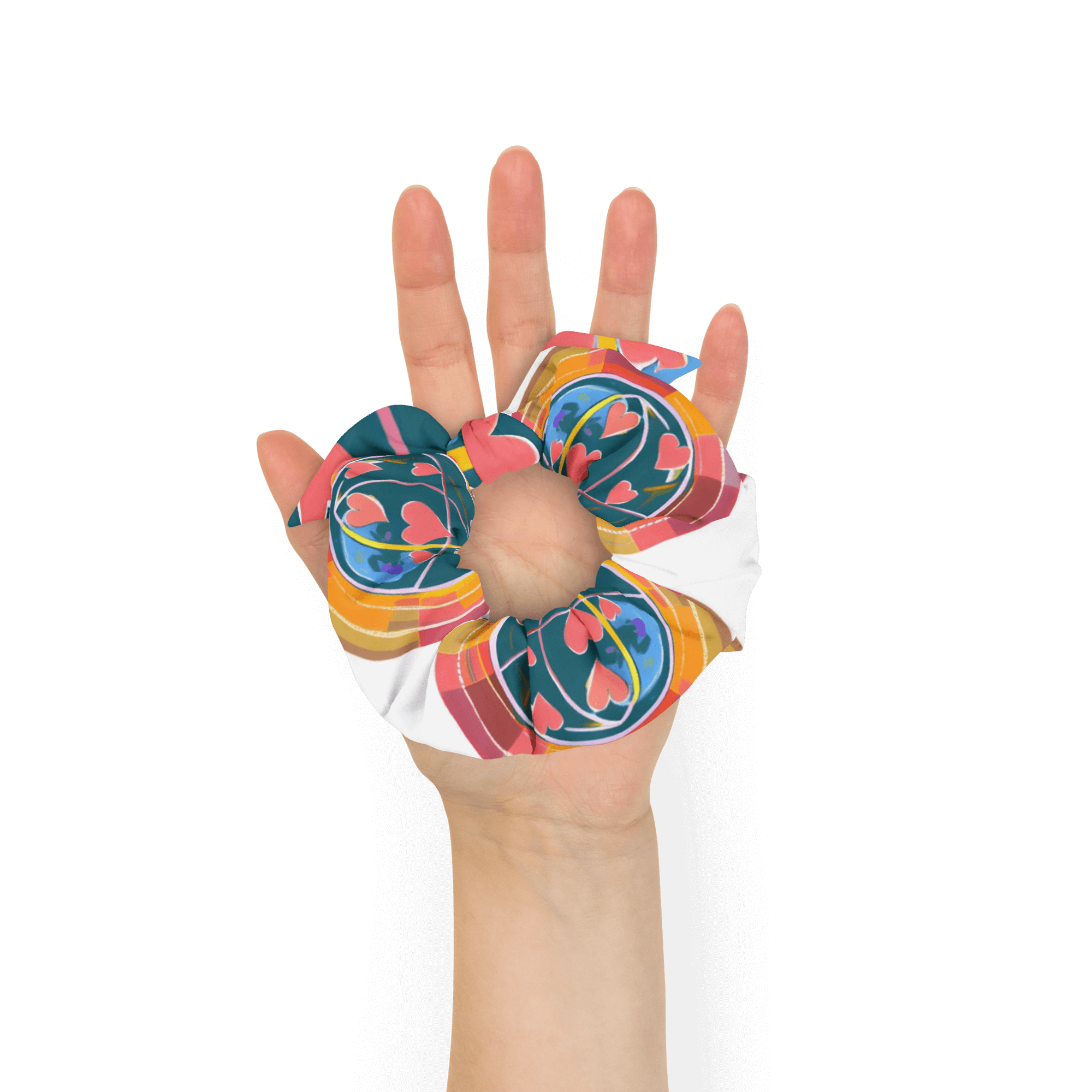 Eco-friendly recycled scrunchie with trendy design and features highlighted, including stretchy and breathable fabric.