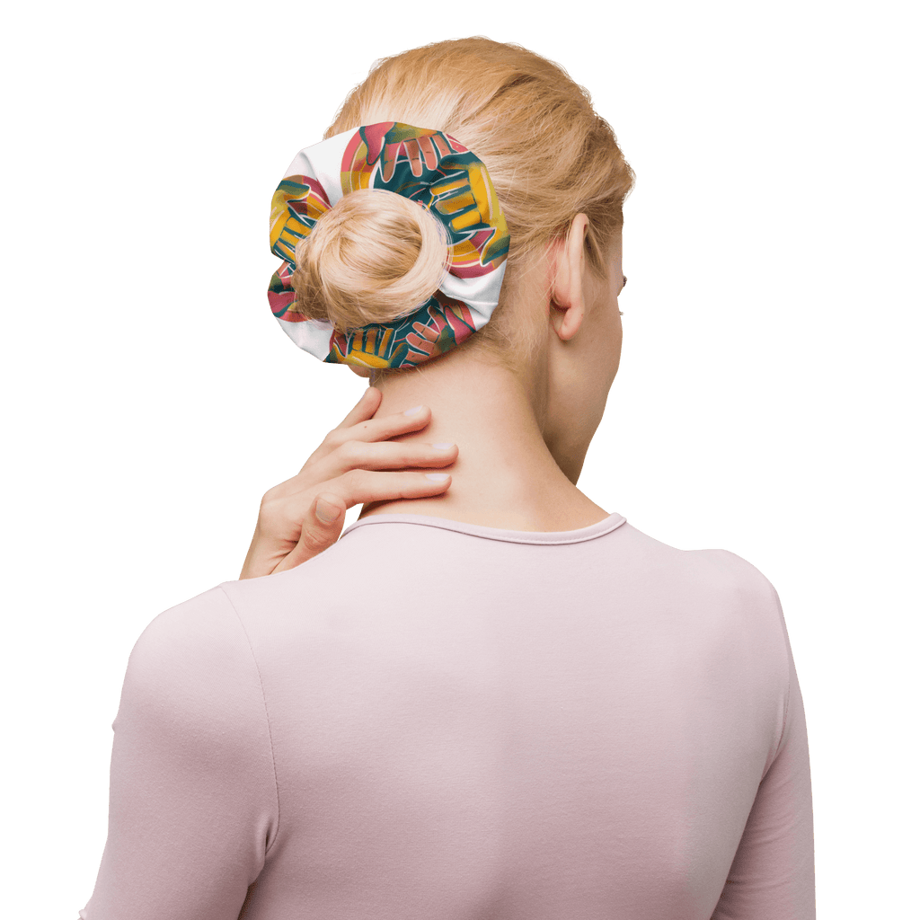 Eco-friendly recycled scrunchie with trendy design and features highlighted, including stretchy and breathable fabric.