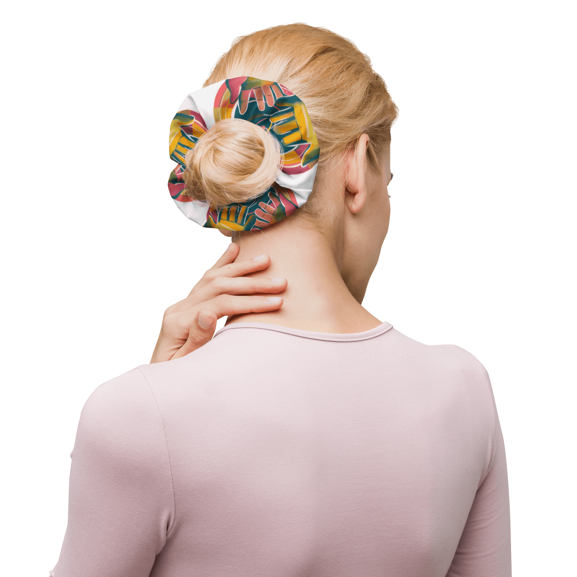 Eco-friendly recycled scrunchie with trendy design and features highlighted, including stretchy and breathable fabric.