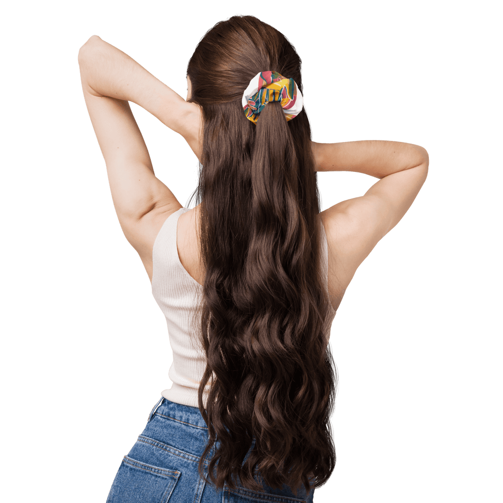 Eco-friendly recycled scrunchie with trendy design and features highlighted, including stretchy and breathable fabric.