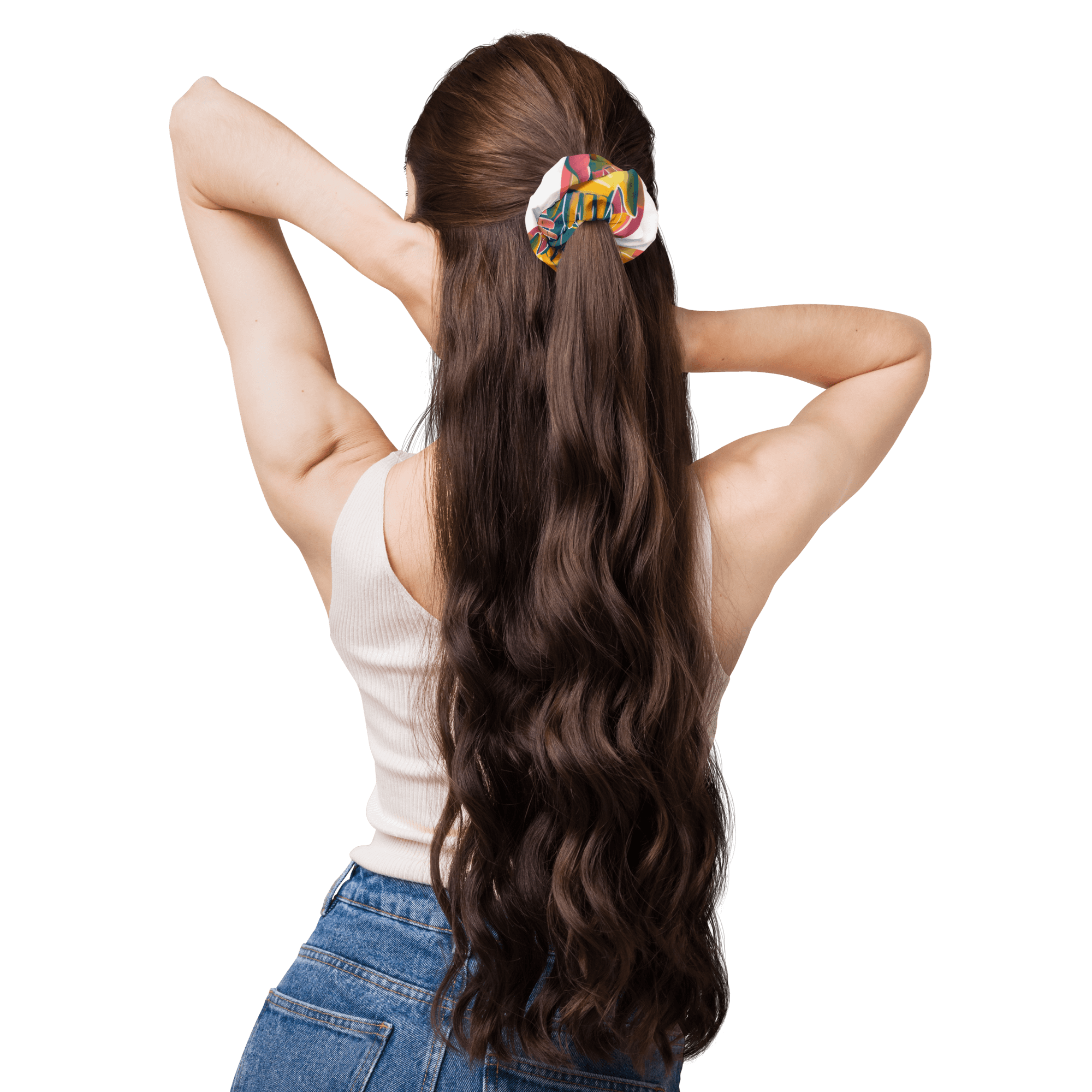 Eco-friendly recycled scrunchie with trendy design and features highlighted, including stretchy and breathable fabric.