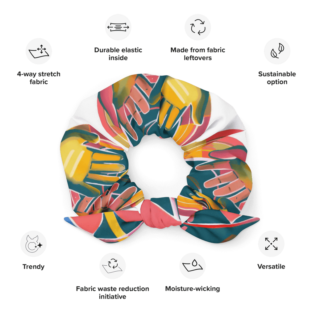 Eco-friendly recycled scrunchie with trendy design and features highlighted, including stretchy and breathable fabric.