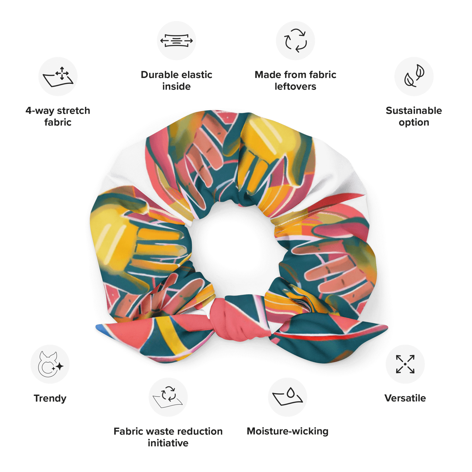 Eco-friendly recycled scrunchie with trendy design and features highlighted, including stretchy and breathable fabric.