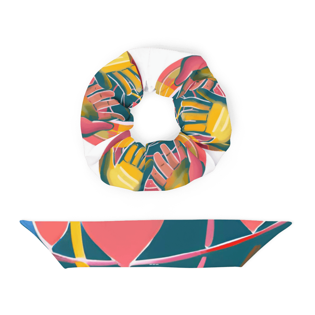 Eco-friendly recycled scrunchie with trendy design and features highlighted, including stretchy and breathable fabric.