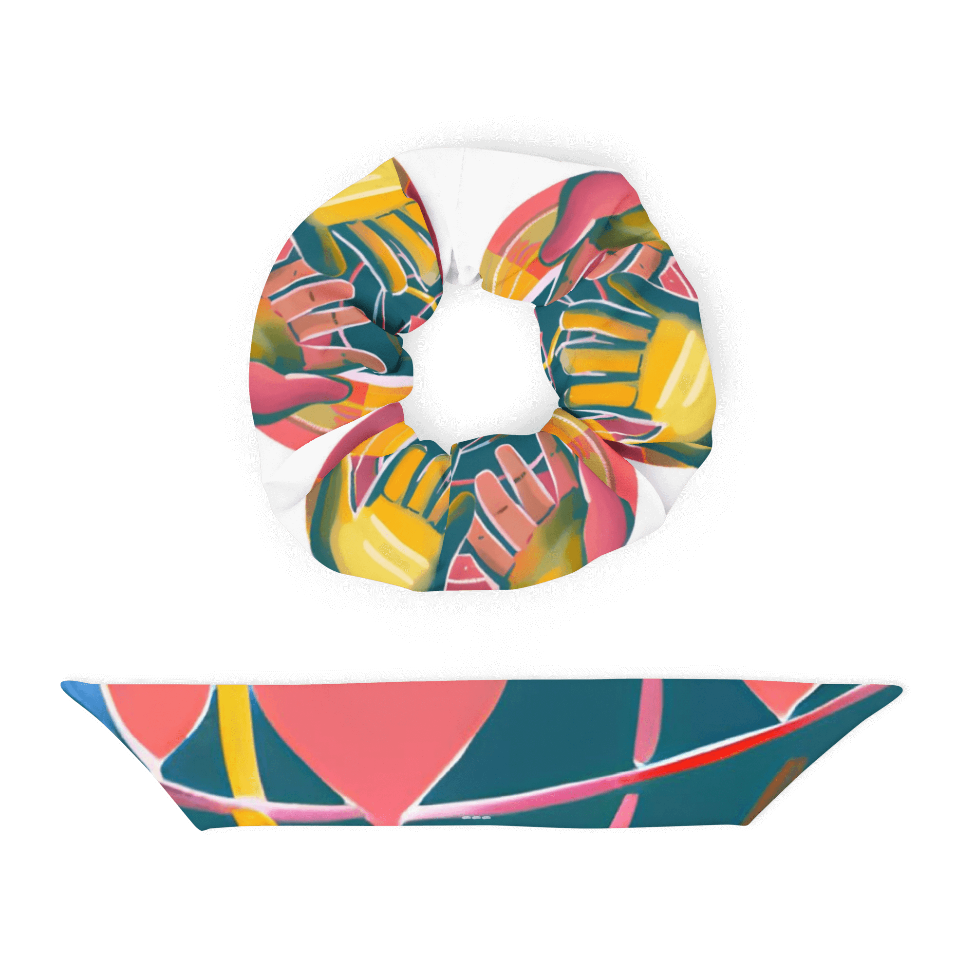 Eco-friendly recycled scrunchie with trendy design and features highlighted, including stretchy and breathable fabric.