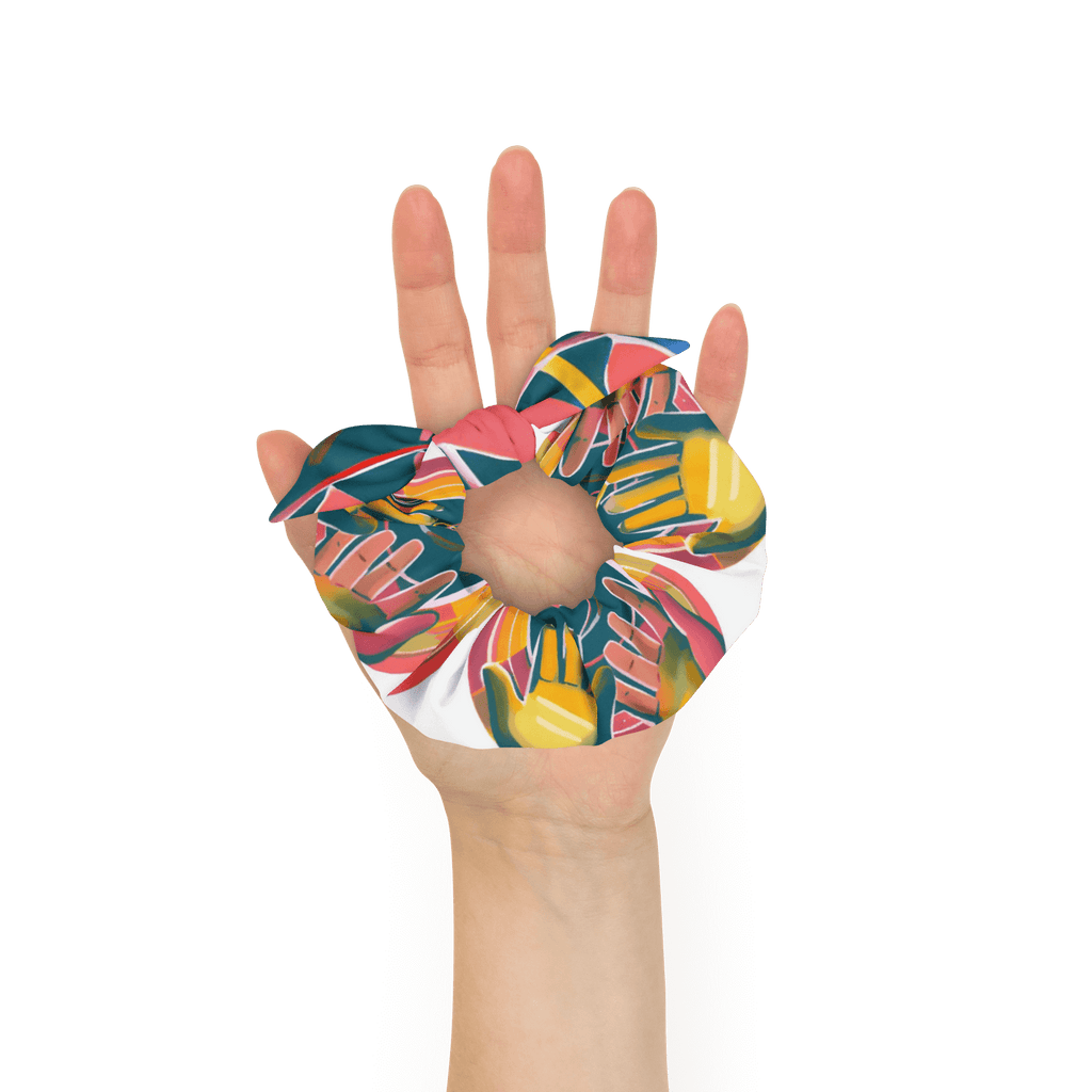 Eco-friendly recycled scrunchie with trendy design and features highlighted, including stretchy and breathable fabric.