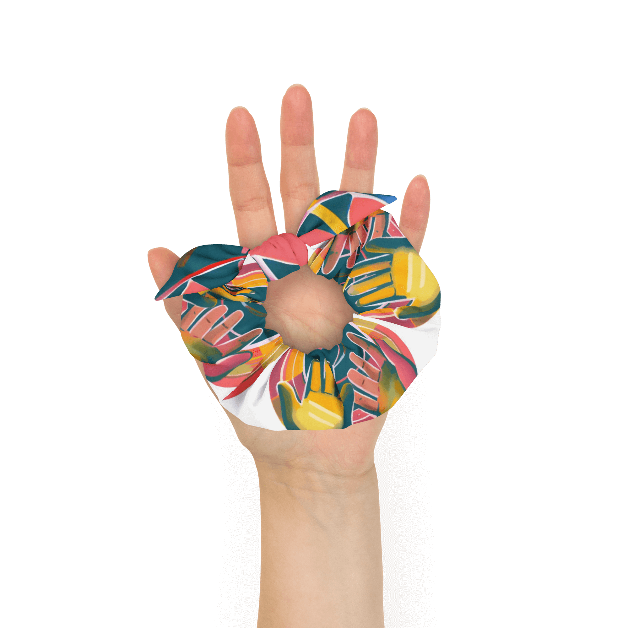 Eco-friendly recycled scrunchie with trendy design and features highlighted, including stretchy and breathable fabric.