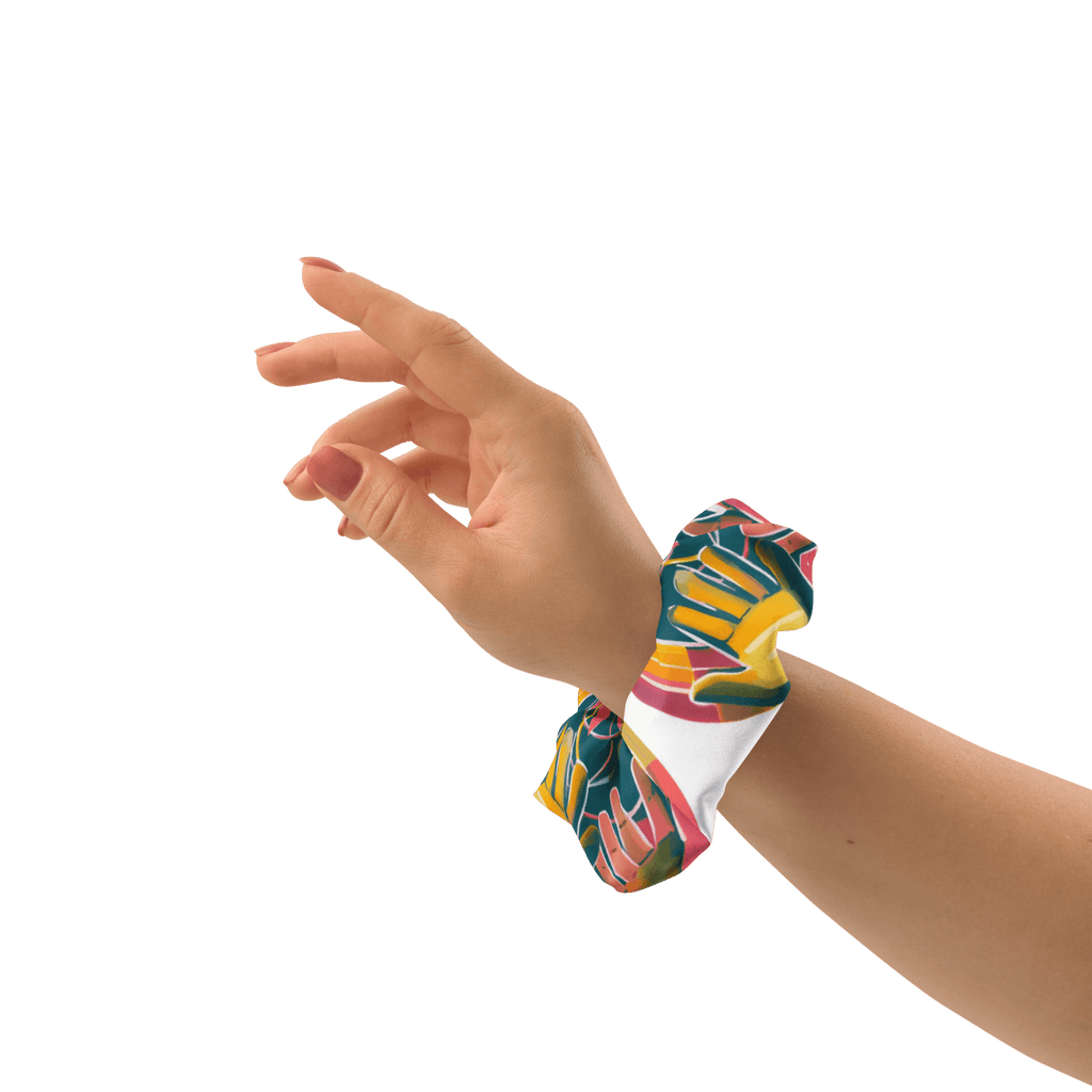 Eco-friendly recycled scrunchie with trendy design and features highlighted, including stretchy and breathable fabric.