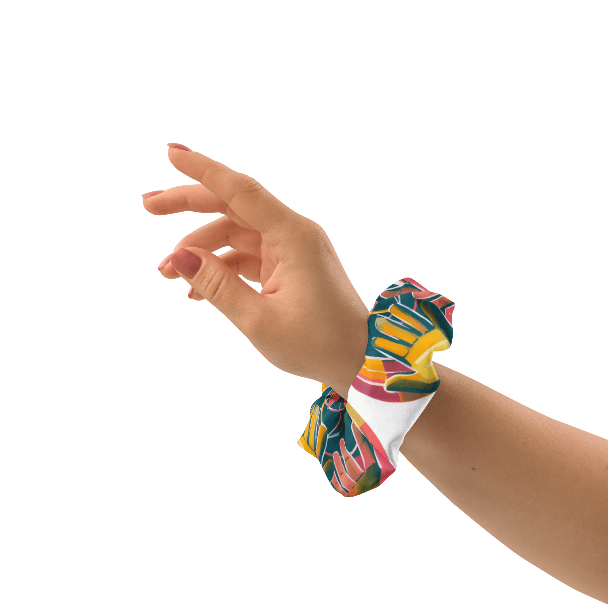 Eco-friendly recycled scrunchie with trendy design and features highlighted, including stretchy and breathable fabric.