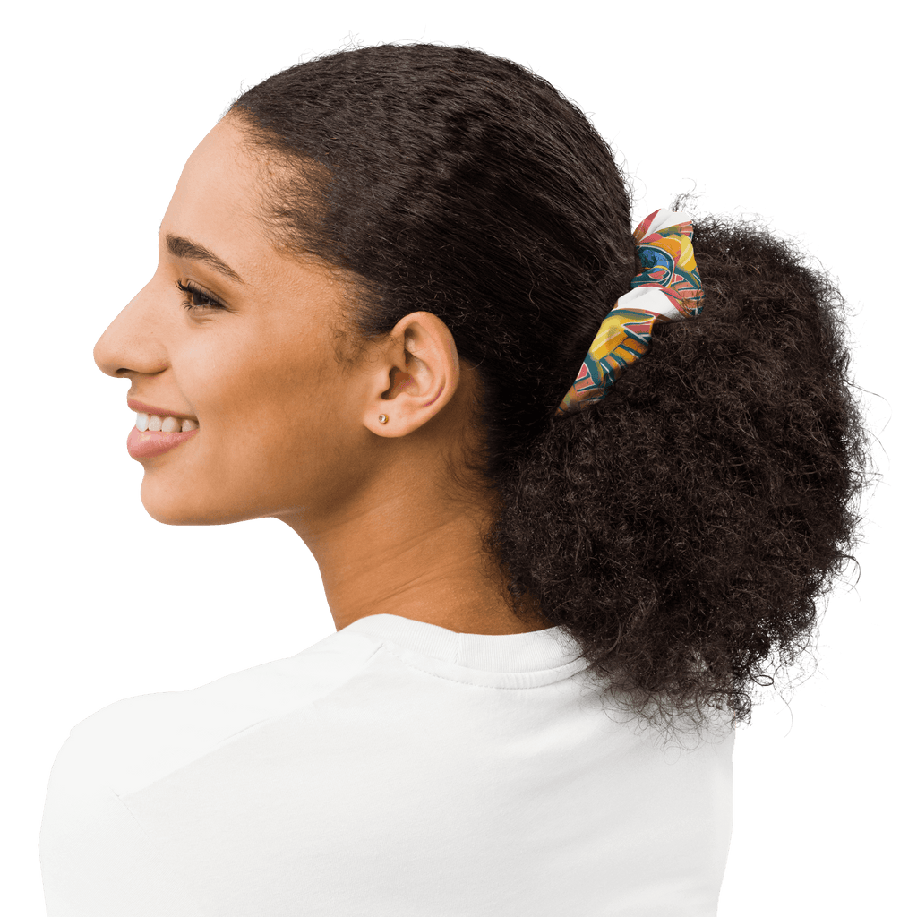 Eco-friendly recycled scrunchie with trendy design and features highlighted, including stretchy and breathable fabric.