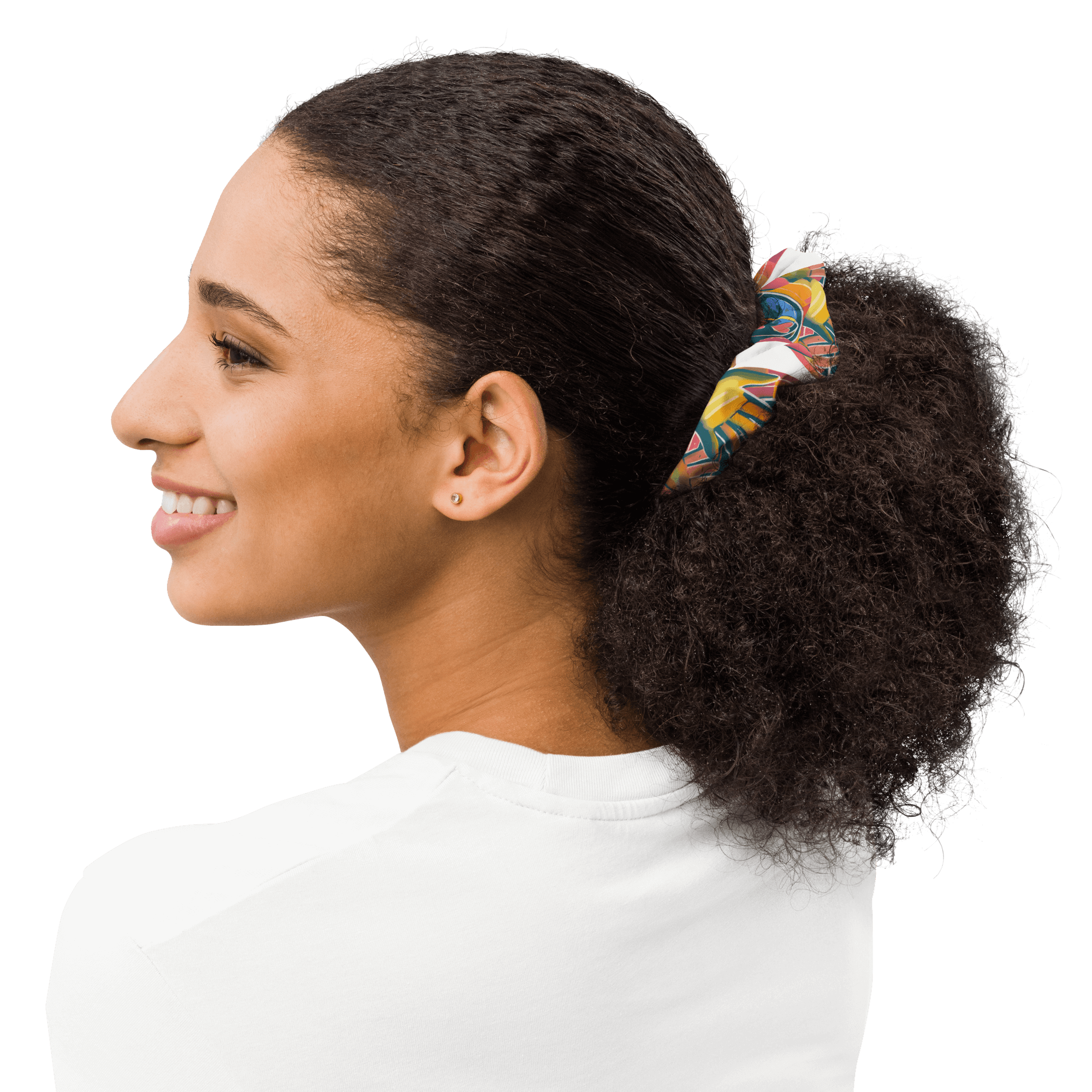 Eco-friendly recycled scrunchie with trendy design and features highlighted, including stretchy and breathable fabric.