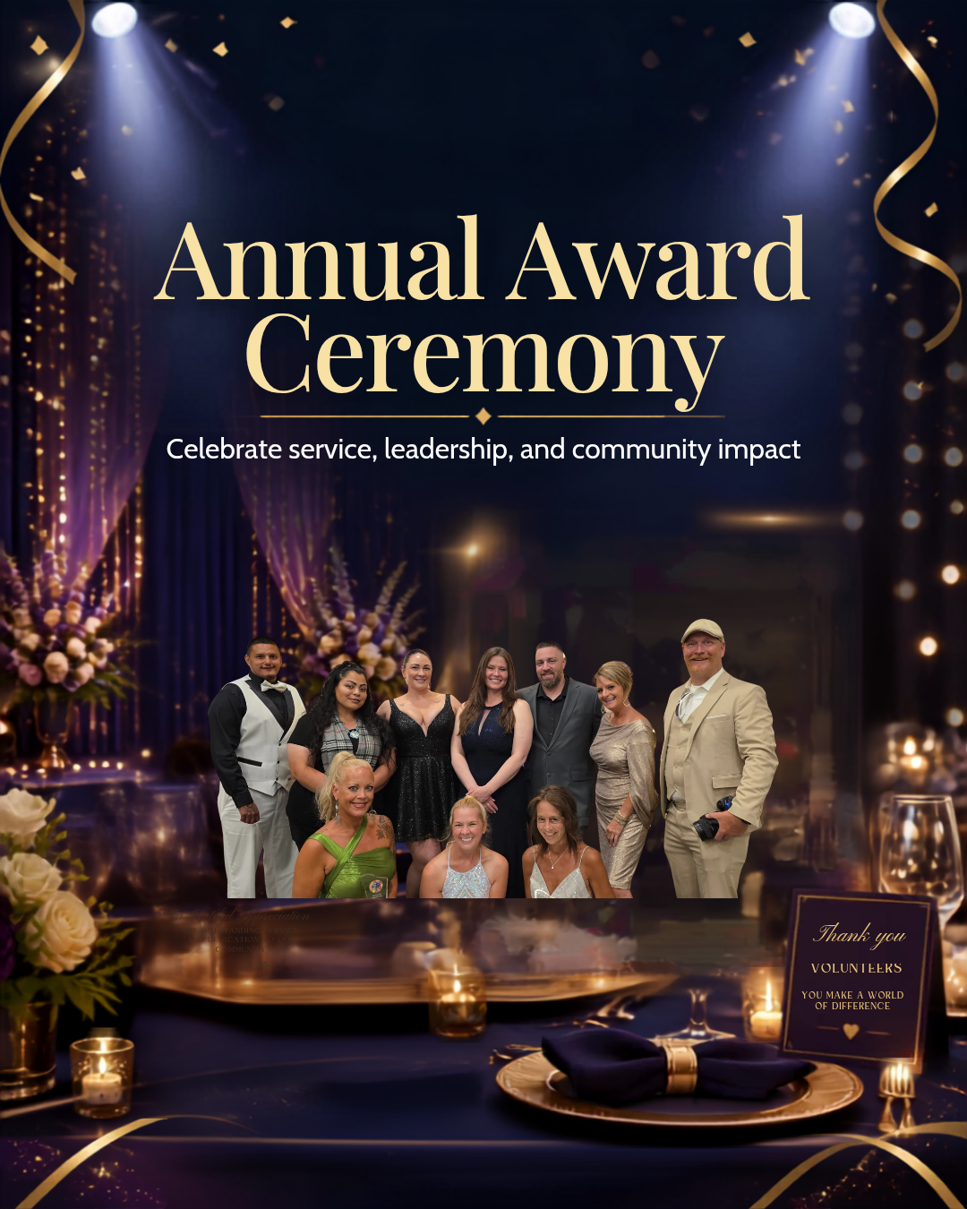 Promotional graphic for an Annual Award Ceremony with a dark blue stage backdrop, spotlight effects, gold ribbons, and a group photo of attendees. Large text reads 'Annual Award Ceremony' with the subtitle 'Celebrate service, leadership, and community impact.