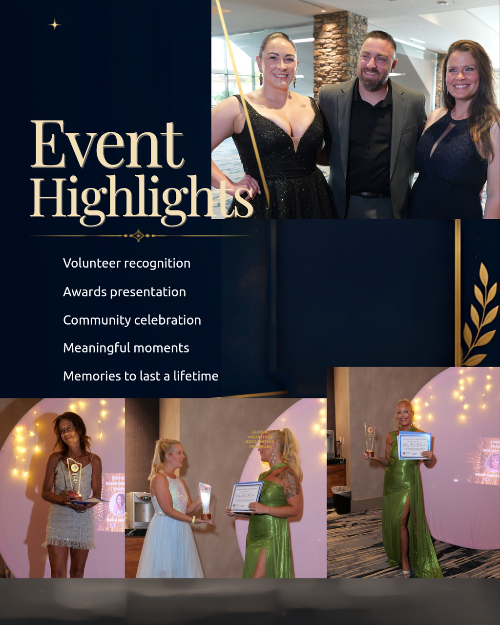 A promotional collage titled 'Event Highlights' with several photos of people at an awards ceremony and celebration event. Large text lists highlights such as volunteer recognition, awards presentation, community celebration, meaningful moments, and memories to last a lifetime.
